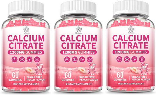 (3 Pack) Calcium Citrate Gummies 1200 mg for Adults, High Absorption Calcium Supplement for Women & Men, Sugar Free, Non-GMO, Gluten Free, Supports Muscle & Immune - Natural Peach Flavor