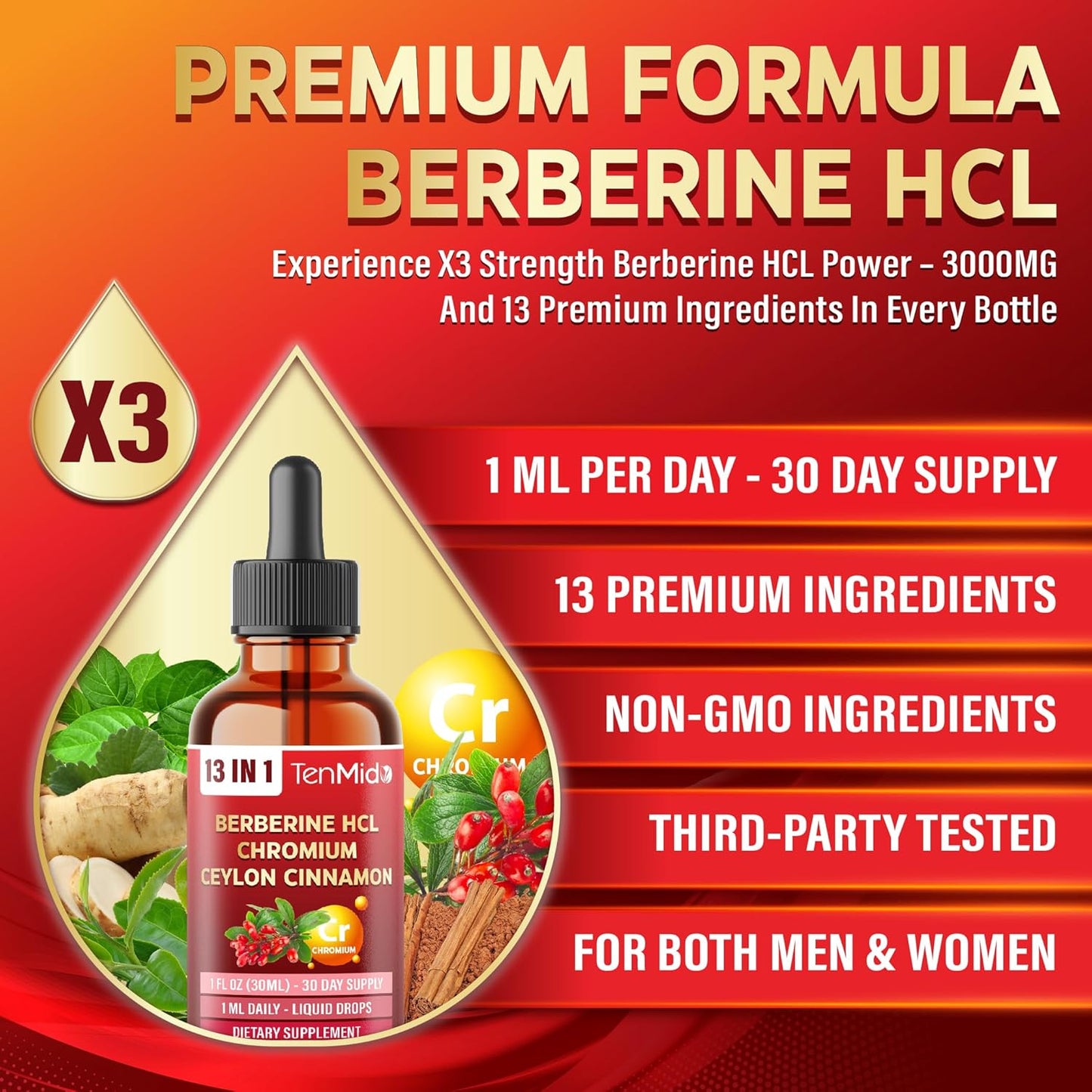 13in1 Berberine Liquid Drops with Chromium, Ceylon Cinnamon, Bitter Melon, Turmeric, Green Tea, Ginseng, Sylvestre, Moringa, Apple Cider Vinegar & More - 30 Days Supply - 1FL Oz