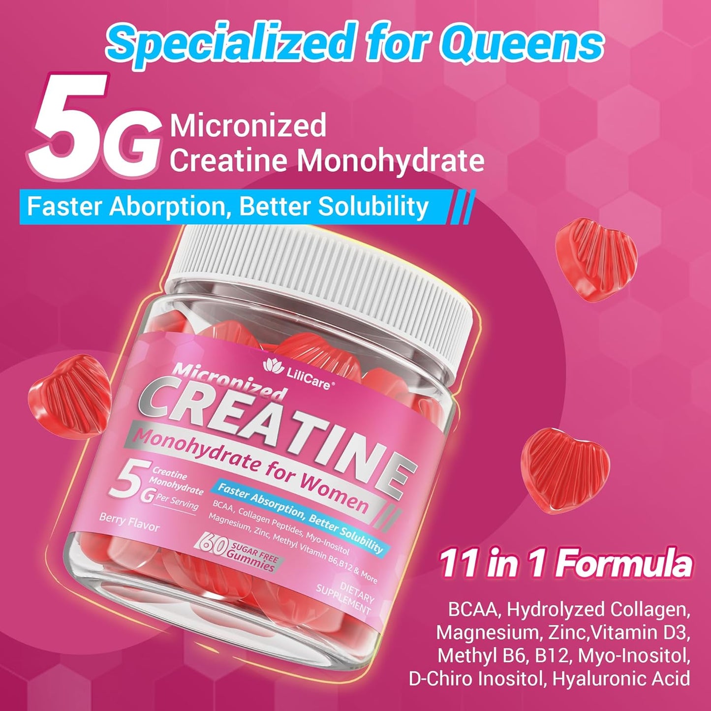 Creatine for Women Gummies, Micronized Creatine Monohydrate + Myo-Inositol, Collagen Peptides, BCAAs, Hyaluronic Acid, Vitamin B6 B12, Zinc for Enërgy, Föcus, Hörmonal Balance, Sugar Free, 120 Counts