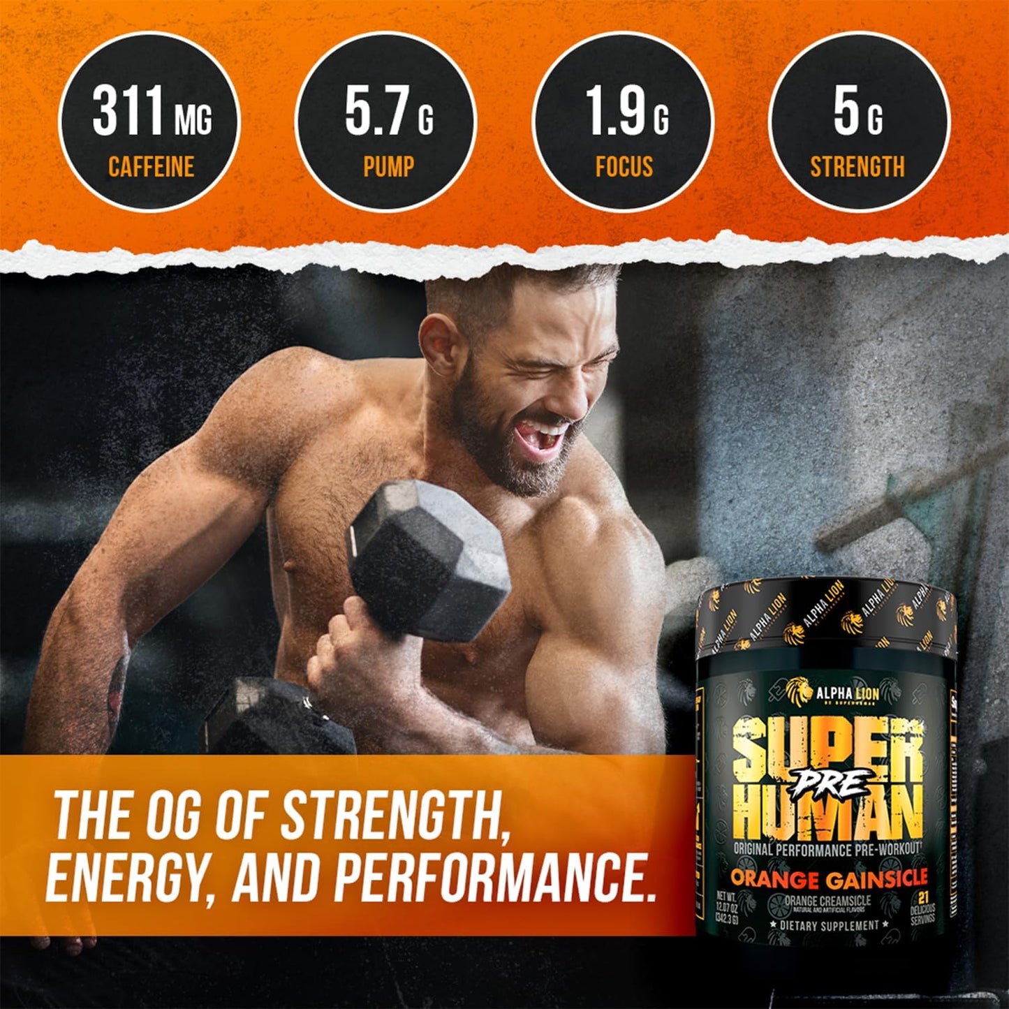 ALPHA LION Superhuman Pre Workout Powder, Beta Alanine, L-Taurine & Tri-Source Caffeine for Sustained Energy & Focus, Nitric Oxide & Citrulline for Pump (21 Servings, Orange Gainsicle)
