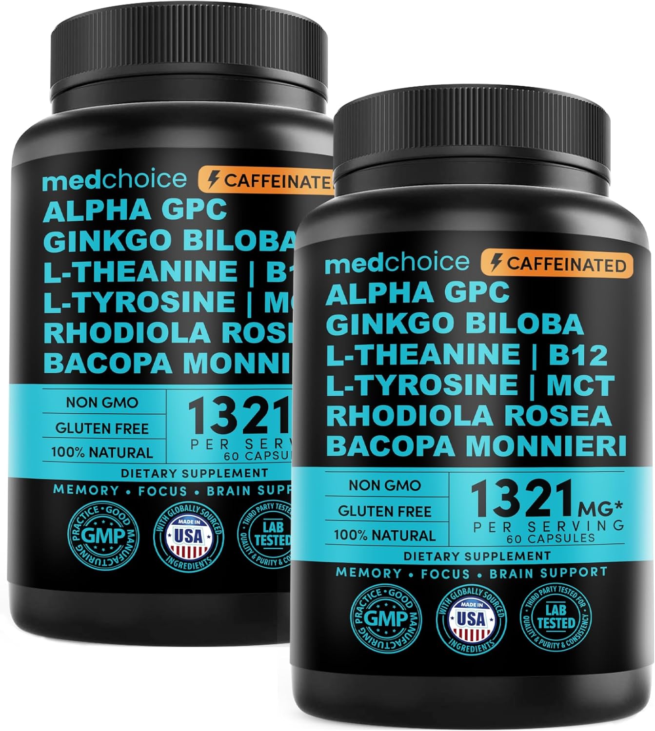 12-in-1 Nootropic Brain Supplement with Caffeine Anhydrous - Ginkgo Biloba for Brain Support, Memory, Focus - B12, Alpha GPC, L Theanine, Choline Supplements with Bioperine, 1321mg, (60ct, Pack of 2)