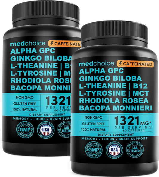 12-in-1 Nootropic Brain Supplement with Caffeine Anhydrous - Ginkgo Biloba for Brain Support, Memory, Focus - B12, Alpha GPC, L Theanine, Choline Supplements with Bioperine, 1321mg, (60ct, Pack of 2)