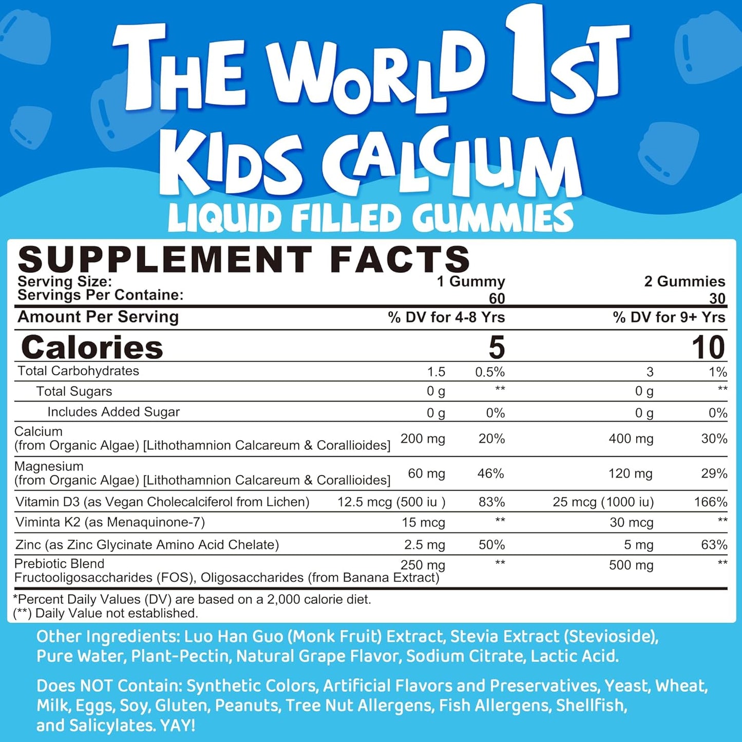 2 Pack - Calcium for Kids 400mg, Sugar Free Kids Calcium Gummies w/Vitamin D3 K2, Magnesium, Zinc, Extra Absorption Algae Calcium for Children Bone Strength, Development, Chewable Kids Vitamins Vegan