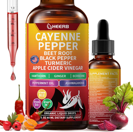 Vascu Flow Cayenne Pepper Drops - Capsaicin Supplements with Beet Root, Black Pepper, Turmeric, Vitamin D3 & K2 | Supports Metabolism, Circulation & Heart Health, Gluten Free, Vegan 2 Fl Oz