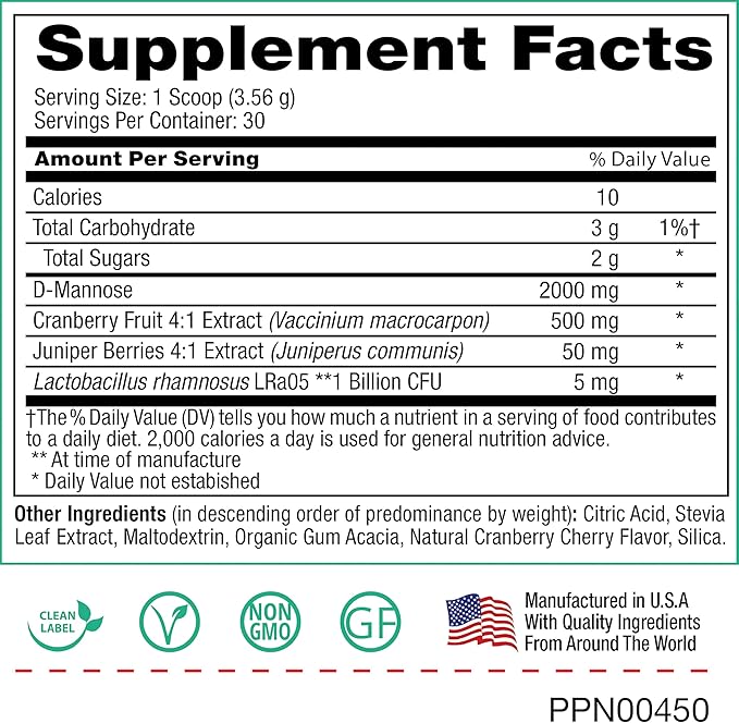 Peak Urinary Tract Supplement Powder - Cranberry and D-Mannose Powder with Juniper Berries and Probiotics for Urinary Tract Health, Ph Balance, UTI Defense - Vegan, Gluten Free (30 Day Supply)