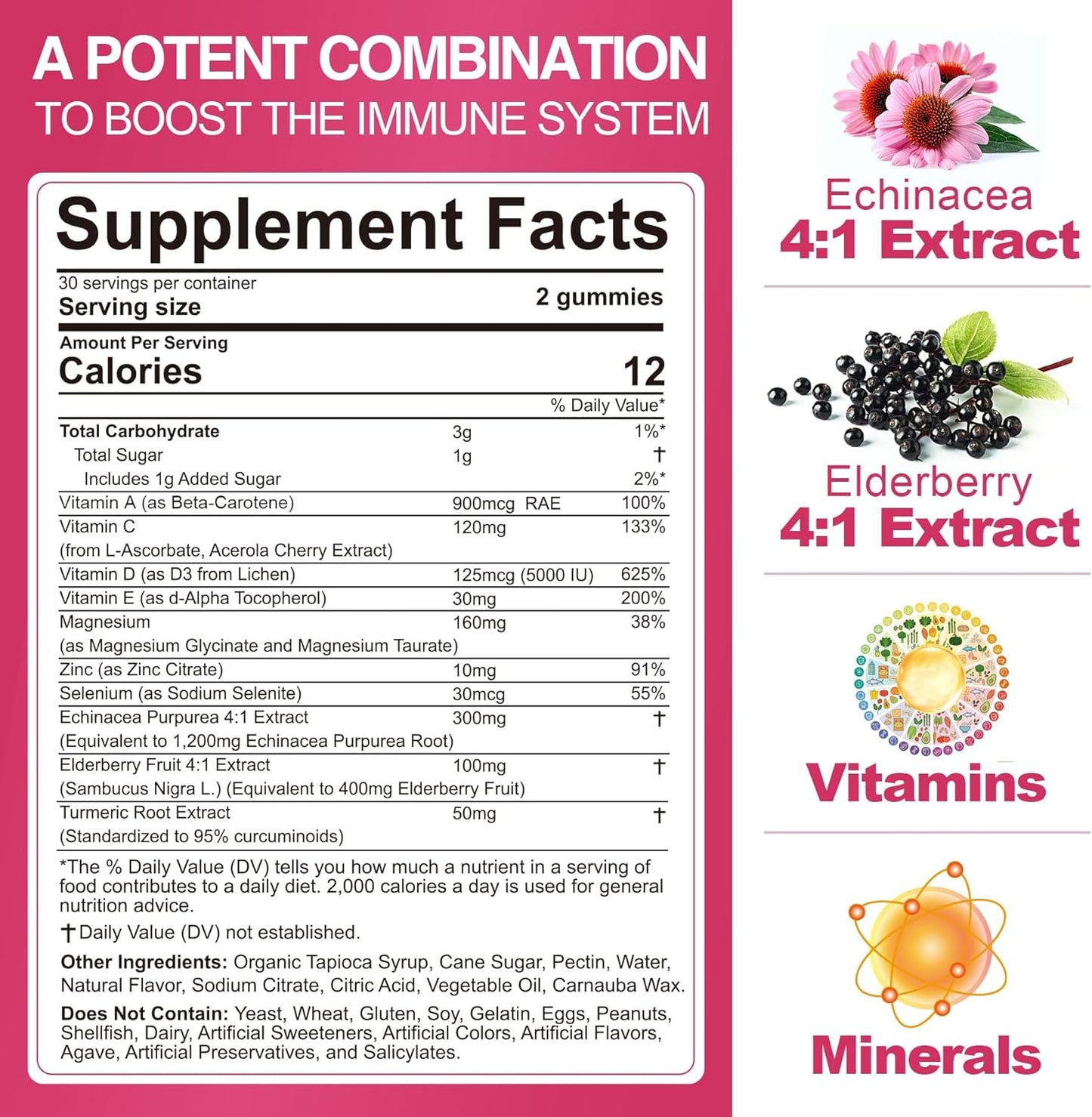 10 in 1 Immune Support Supplement Gummies, w/Echinacea, Elderberry Vitamin C and Zinc, Selenium, Vitamin D3 5000IU, Magnesium, Daily Immune Booster Multivitamin, for Antioxidant Bone Energy, 2 Pack