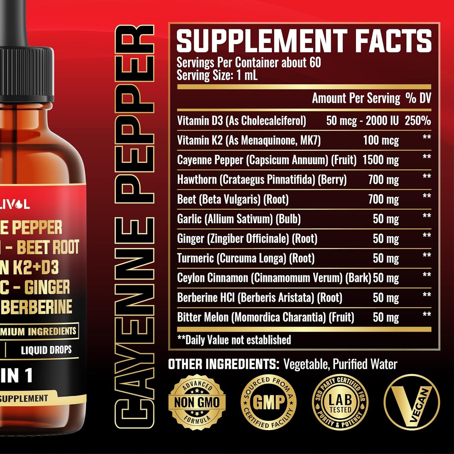11in1 Cayenne Pepper Liquid Drops with Hawthorn Berry, Vitamin D3 K2, Beet Root, Garlic, Ginger, Ceylon Cinnamon, Turmeric, Berberine and Bitter Melon - 60 Days Supply - 2Fl Oz