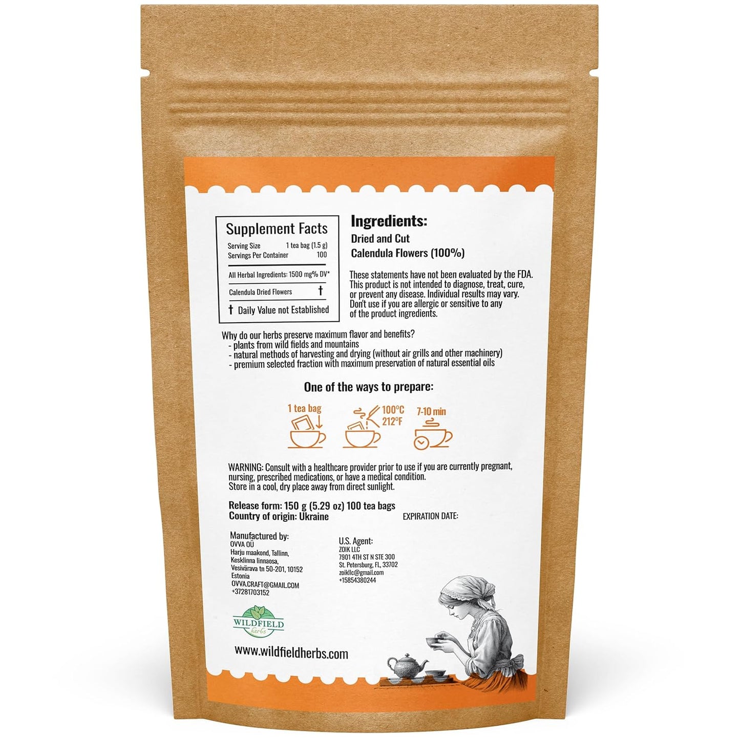 100 Bags Calendula Tea Dried Calendula Flowers Herb Tea (Caléndula Officinalis) - 100 Count 1.5 g Bags Kalendula