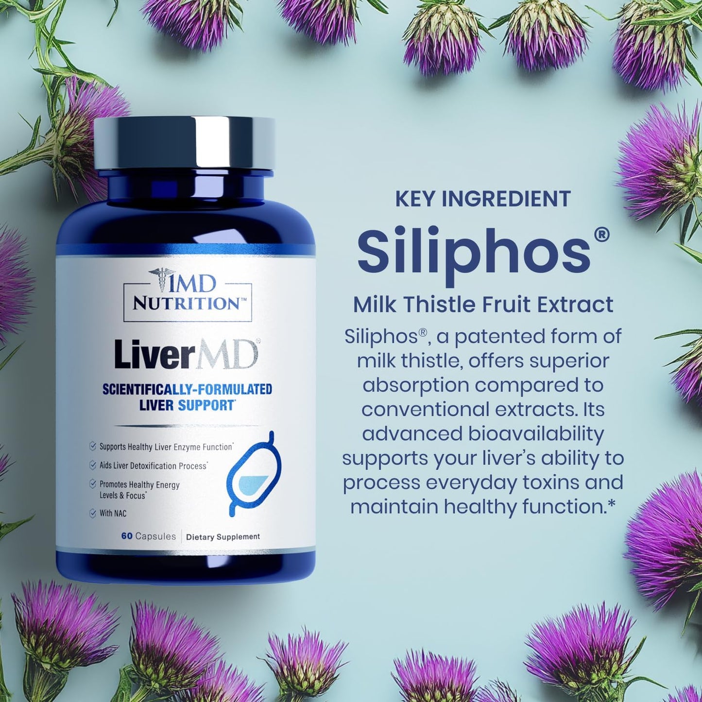 1MD LiverMD - Liver Support Supplement | Siliphos Milk Thistle Extract - Highly Bioavailable, for Liver Support | 60 Capsules (2-Pack)