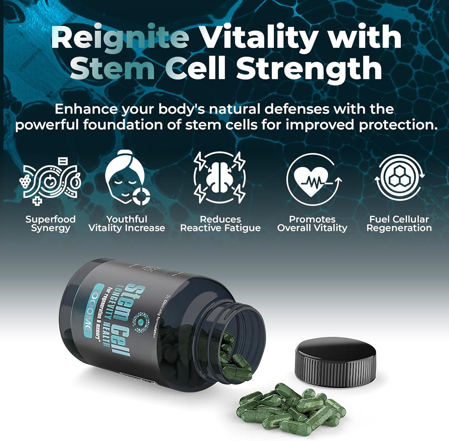 Premium Stem Cell Supplements 1,000mg (120 Caps) Boost Immunity, Reduce Joint Soreness, Support Natural Anti-Aging & Longevity with Spirulina & Chlorella for Vitality, Celulas Madre Health Formula