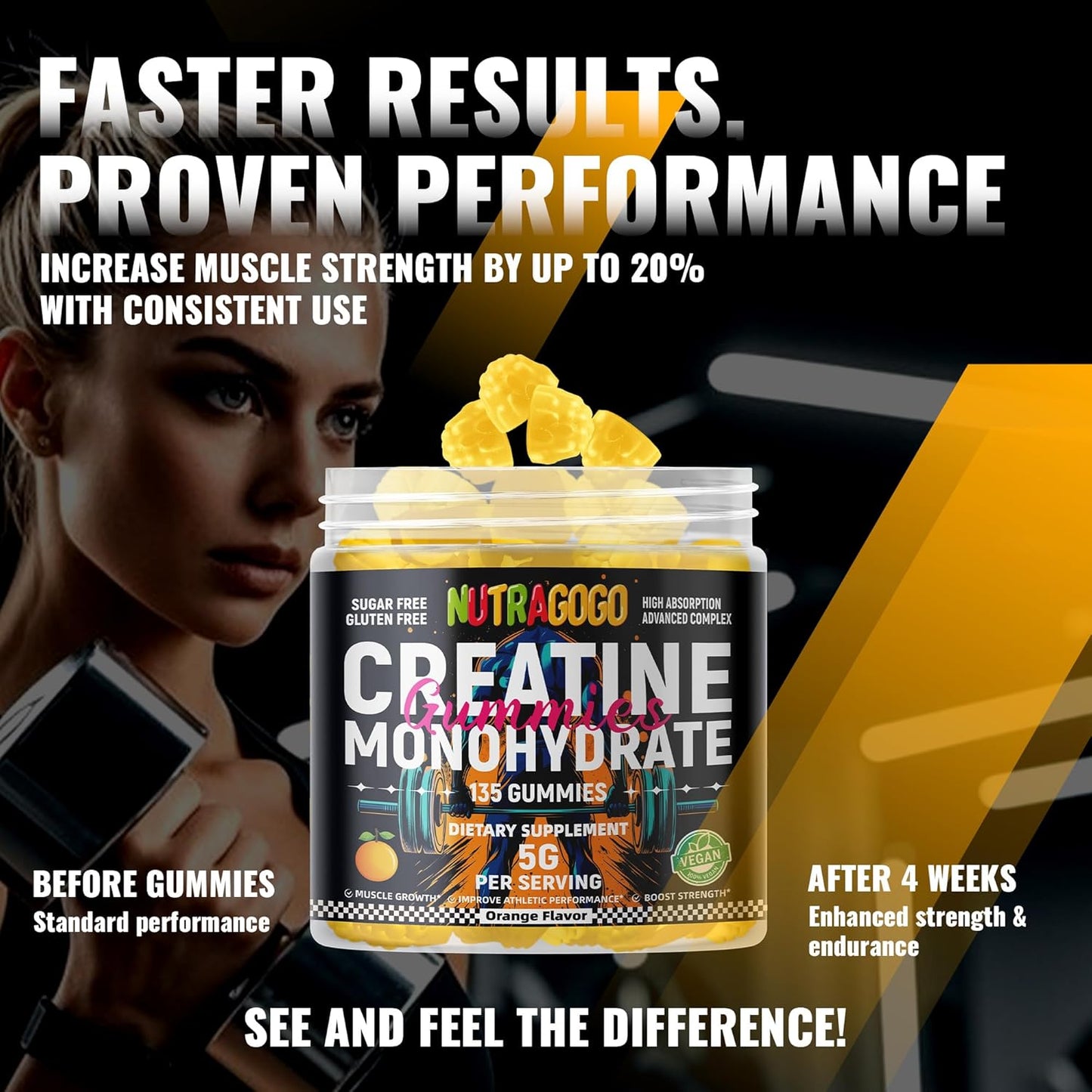 Creatine Monohydrate Gummies for Men & Women-5g of Creatine Monohydrate per Serving - Sugar Free,Vegan, Organe Electrolyte Chews, 135 Count