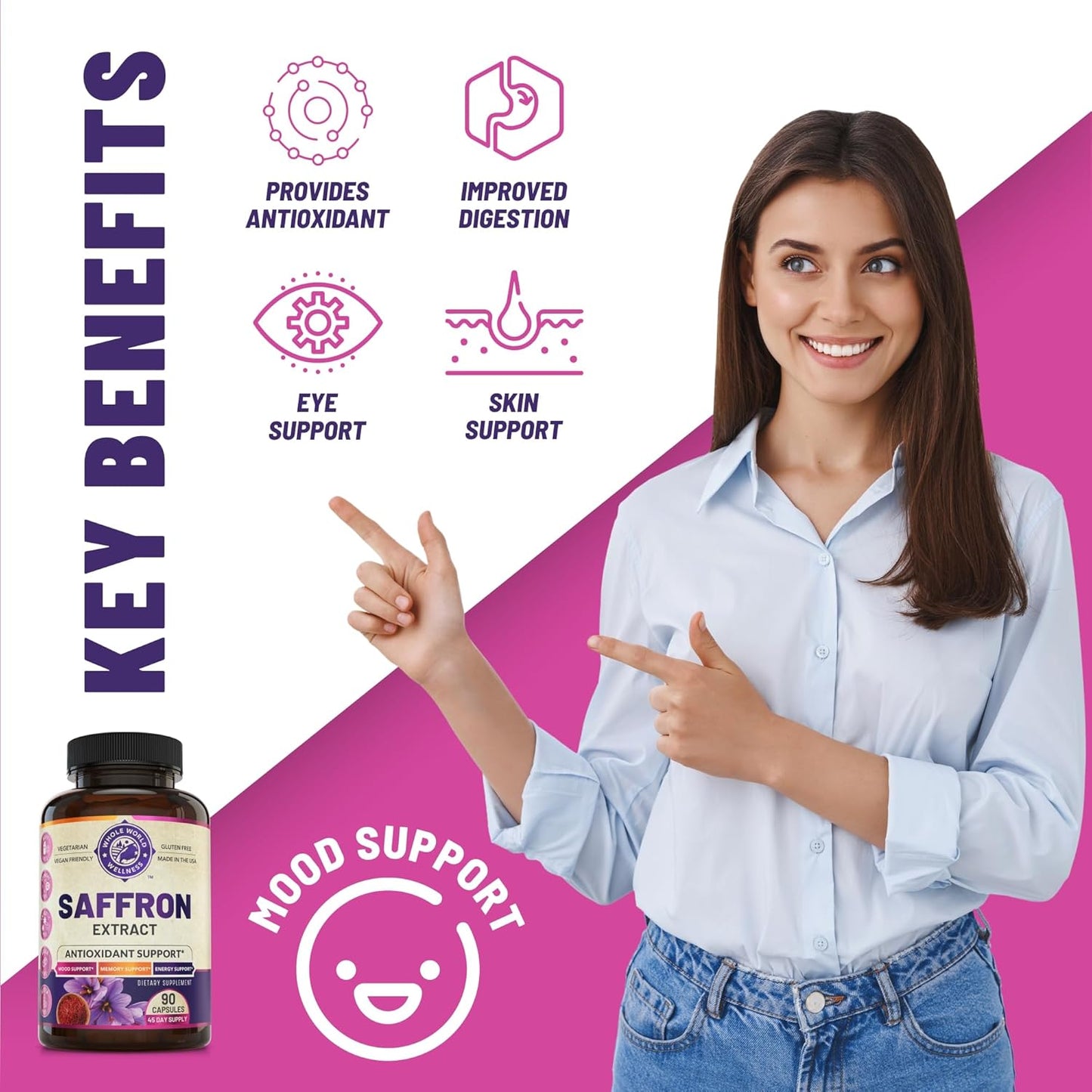 100% Pure Saffron Extract - Supports Weight and Appetite Health, Mood, Focus, Memory, Digestion, Eye, Skin and Brain Health. NSF Certified Saffron Supplements for Women and Men, 45-Day Supply.