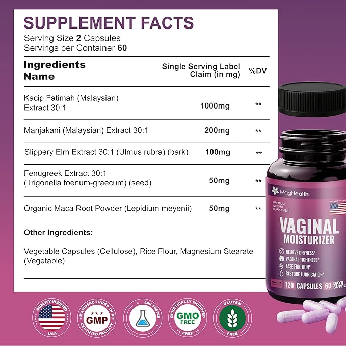 Vaginal Moisture Supplement for Women | Intimate Health Support Capsules with Kacip Fatimah, Manjakani & Slippery Elm | Promotes Comfort, Elasticity & pH Balance | 120 Vegan Capsules (60 Day Supply)