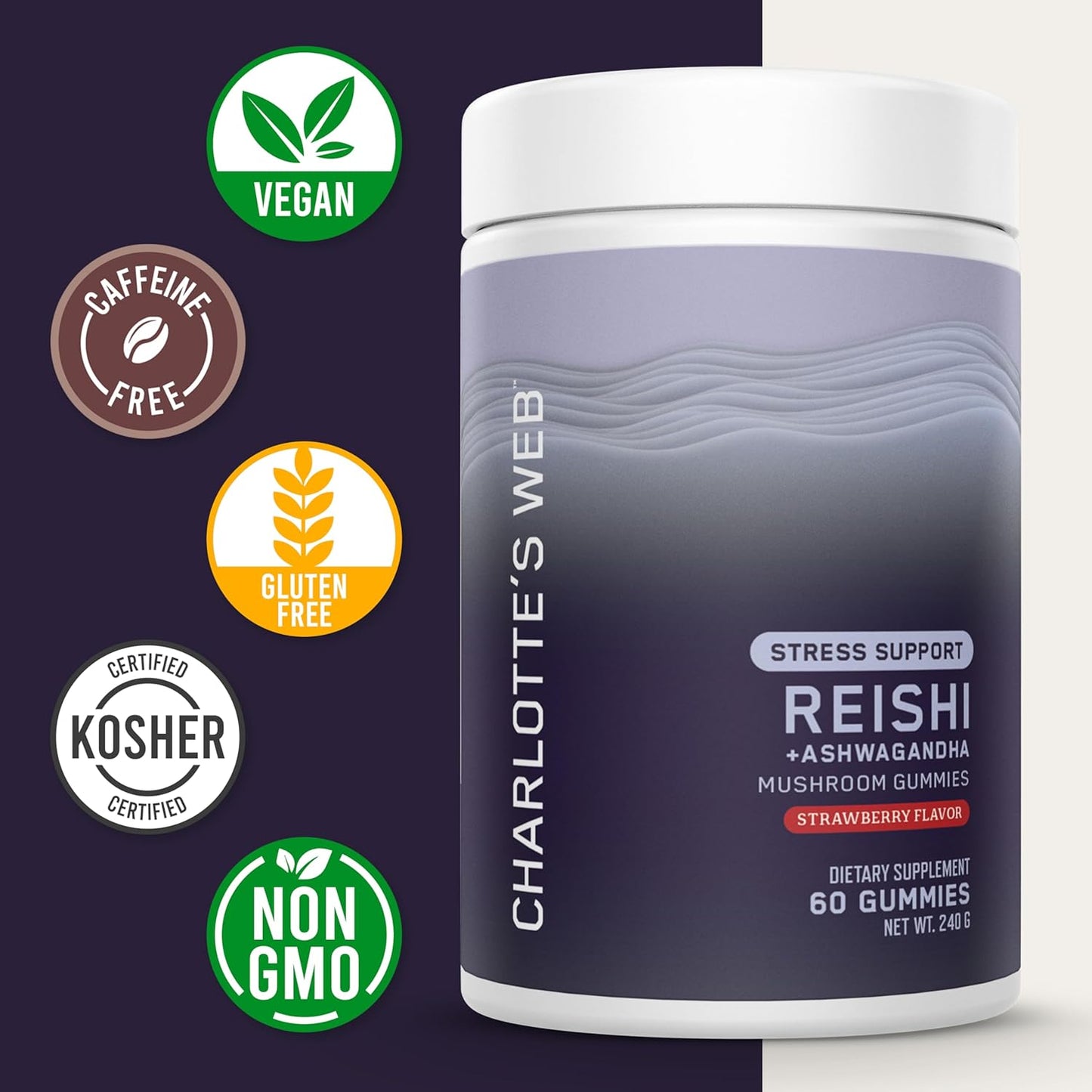 Charlotte's Web Stress Support Mushroom Gummies w/Reishi, Ashwagandha, Rhodiola Rosea Supplement — Natural Supplement — Strawberry-Flavored Ashwagandha Gummies (30 Servings)