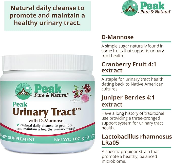 Peak Urinary Tract Supplement Powder - Cranberry and D-Mannose Powder with Juniper Berries and Probiotics for Urinary Tract Health, Ph Balance, UTI Defense - Vegan, Gluten Free (30 Day Supply)