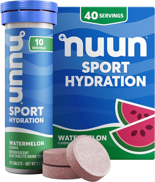 Nuun Sport Electrolyte Tablets with Magnesium, Calcium, Potassium, Chloride & Sodium, Gluten Free & Vegan, Watermelon, 4 Pack (40 Servings Total)