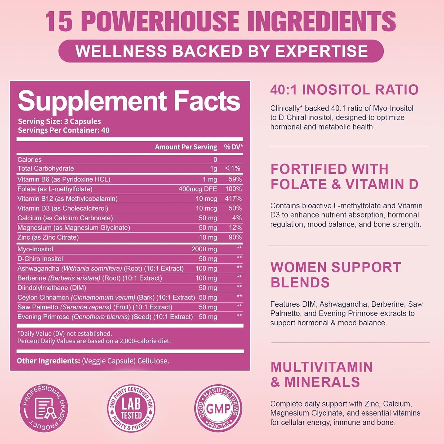 Myo-Inositol & D-Chiro Inositol Supplement for Women, Ideal 40:1 Ratio, w/Berberine, Multivitamin, DIM, Calcium, 2050 mg inositol for Hormone Balance, Ovarian Function*, Overall Health, 120 Ct.