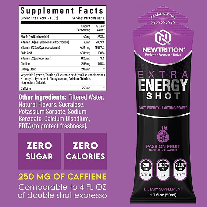 NewTrition® Extra Strength Energy Shots 1.7 fl oz - 250mg Caffeine with B Vitamins & Amino Acids, Sugar-Free Zero Calorie Vitamin Energy Drink for Focus & Endurance (Pack of 24, 4 Flavors - Mixed 3)