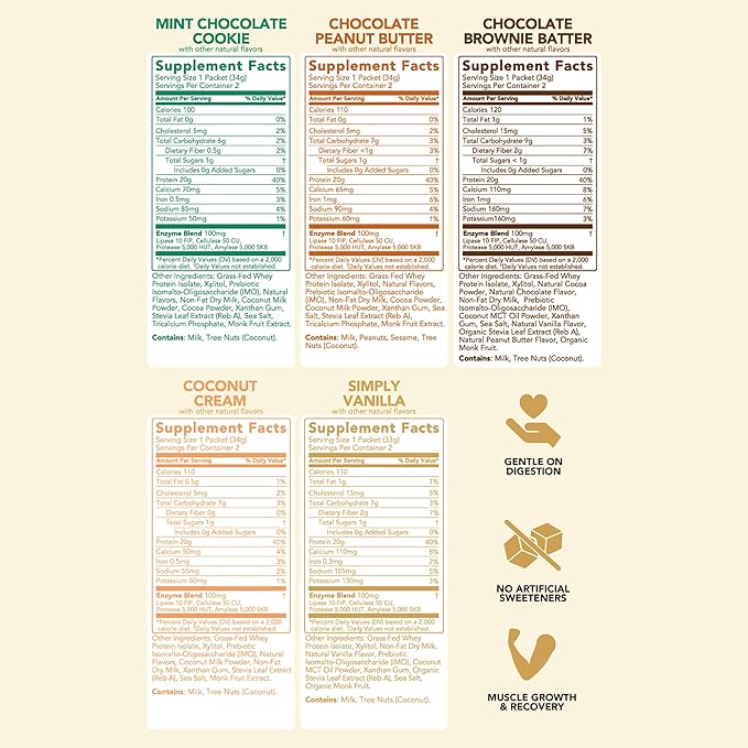 Clean Simple Eats Whey Protein Powder, Variety Pack, Naturally Sweetened Flavors, 100% Grass Fed Protein Powder with Digestive Enzymes & No Artificial Ingredients, Gluten Free, 10 Single Serve Packs