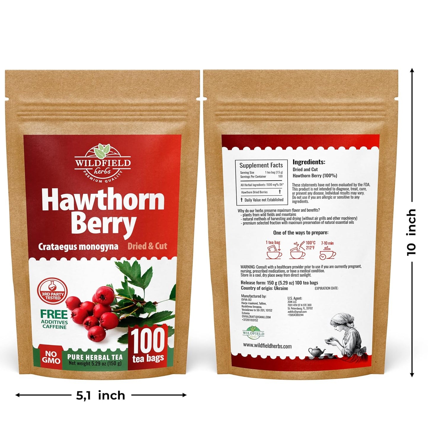 100 Bags Hawthorn Berry Herbal Tea (Crataegi fructus) – 100 Tea Bags 1.5g Hawthorn Fruit Espino Blanco