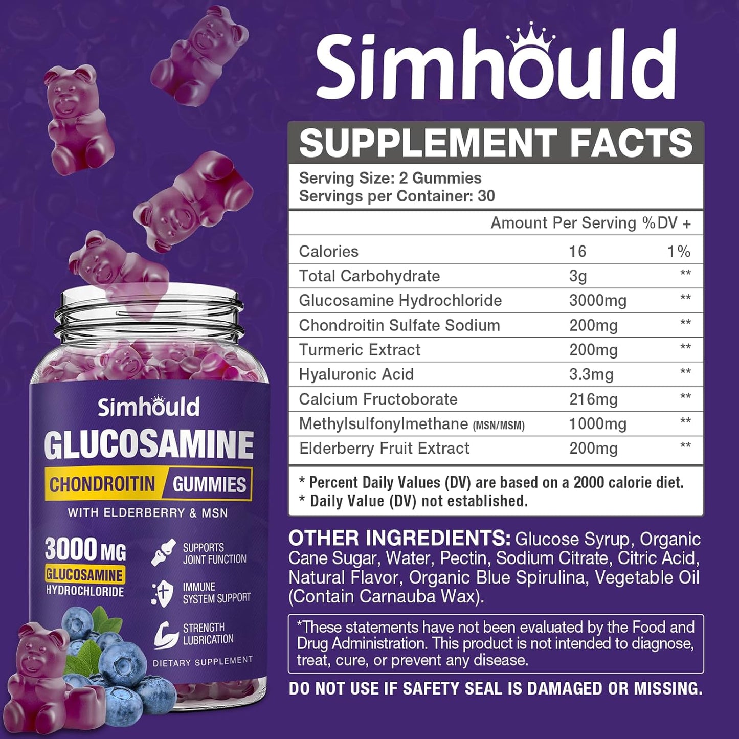 2 Packs Glucosamine Chondroitin Gummies - 3000MG Extra Strength Joint Support Supplement with MSM & Elderberry, Flexibility, Antioxidant Immune Support Gummy for Adults, Men & Women