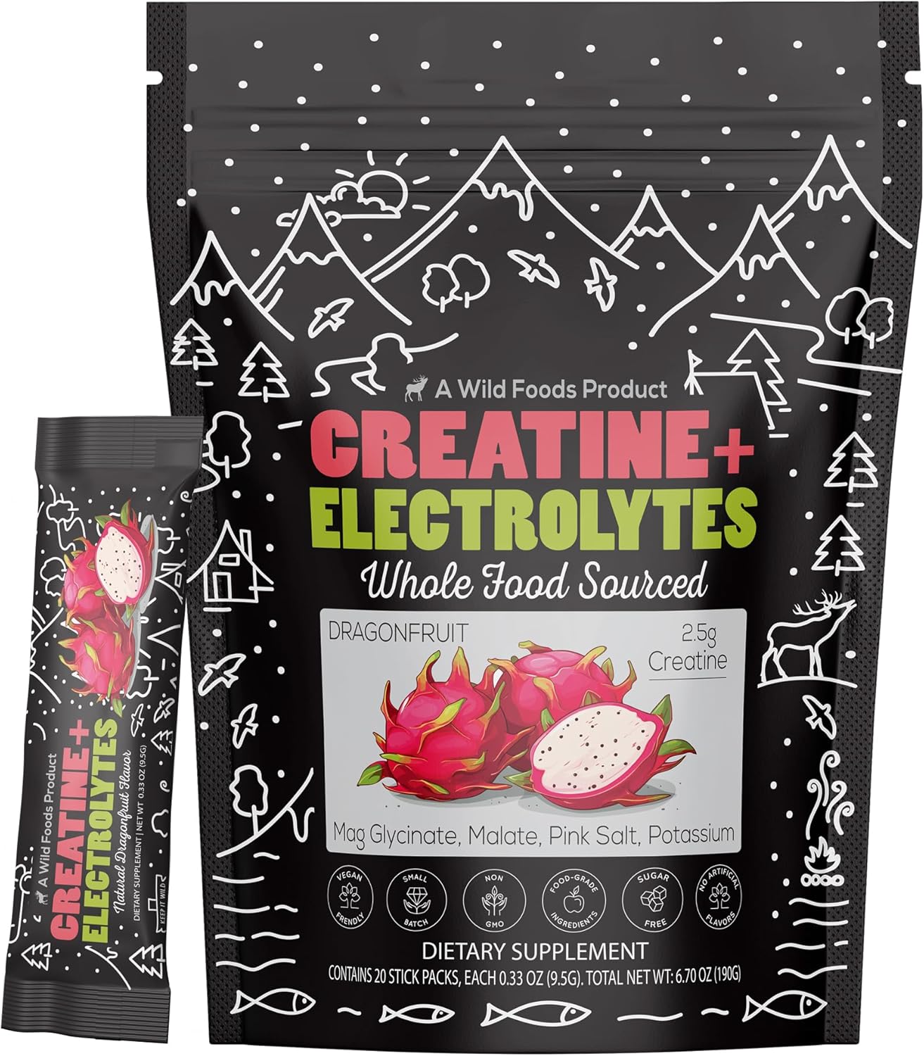 Wild Foods Creatine & Electrolytes Powder Packets, Dragonfruit, 20 Hydration Packets (9.5 g/serv.), with Magnesium Glycinate, Malate, Pink Salt, Pre-Workout Muscle Performance & Electrolyte Support