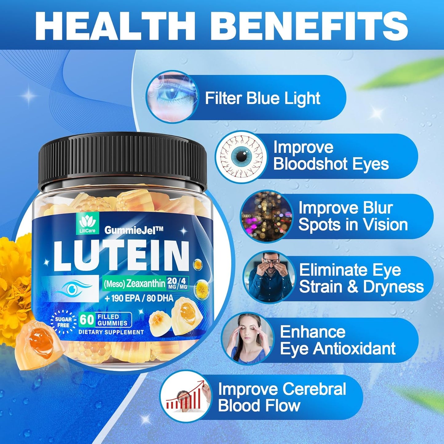 2 Pack Sugar Free Lutein 20mg 40mg and Zeaxanthin Gummies for Eyes with EPA 190mg & DHA 80mg, Eye Vitamins Filled Gummies Plus Bilberry, Goji Berry & Saffron, Eye Health Supplements for Adults - Vegan