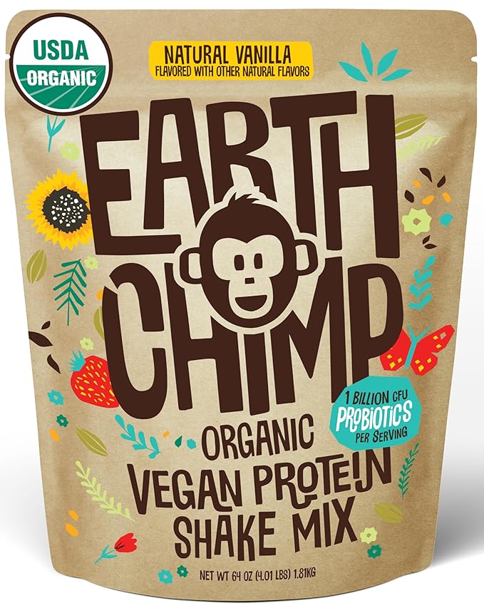 EarthChimp Organic Vegan Protein Powder - with Probiotics - Non GMO, Dairy Free, Non Whey, Plant Based Protein Powder for Women and Men, Gluten Free - 52 Servings 64 Oz (Vanilla)