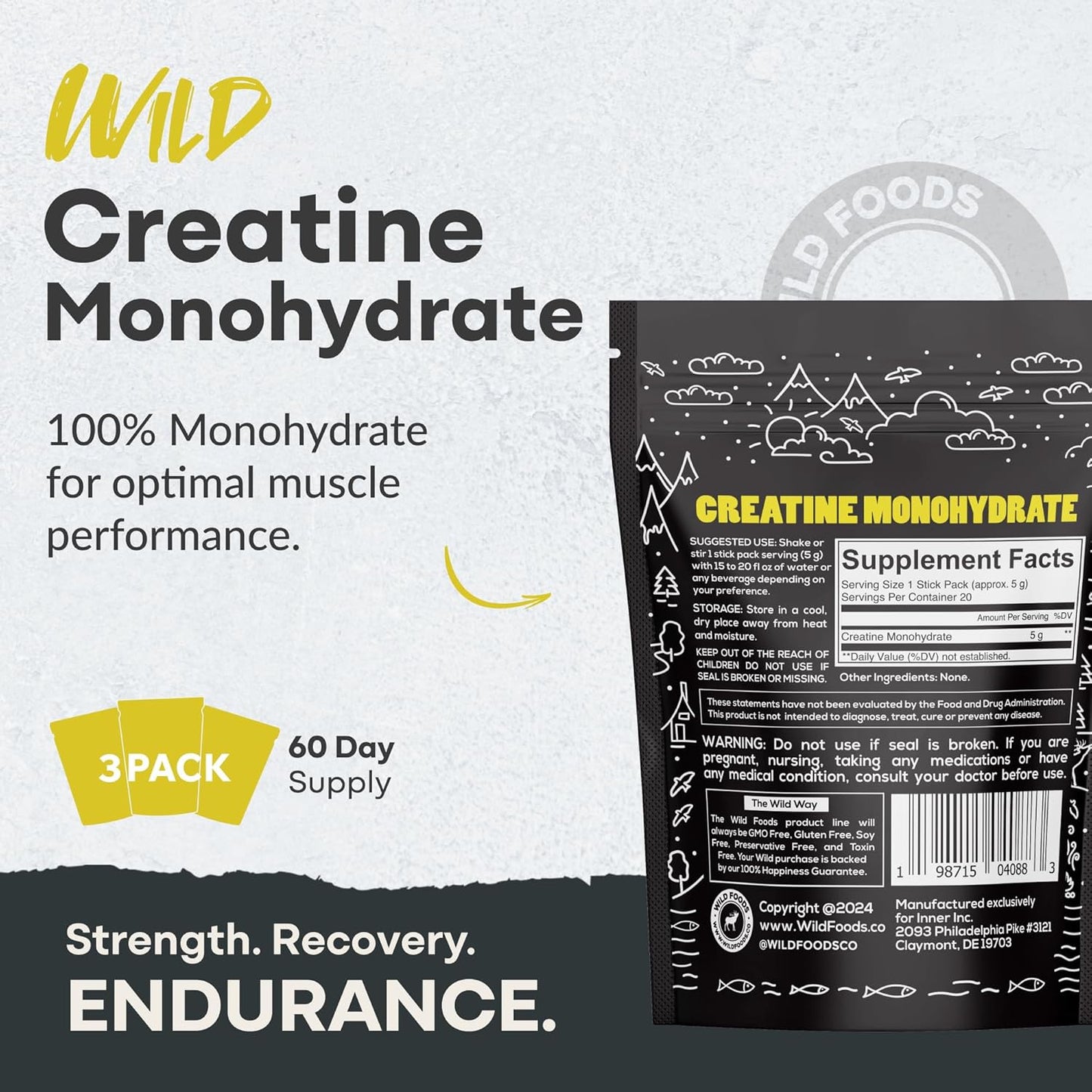 Wild Foods 100% Creatine Monohydrate Powder Packets - 20 Packets - for Brain, Muscle Performance & Strength – Pure Creatine for Men & Women, USA Made– 5g Creatina Per Serving