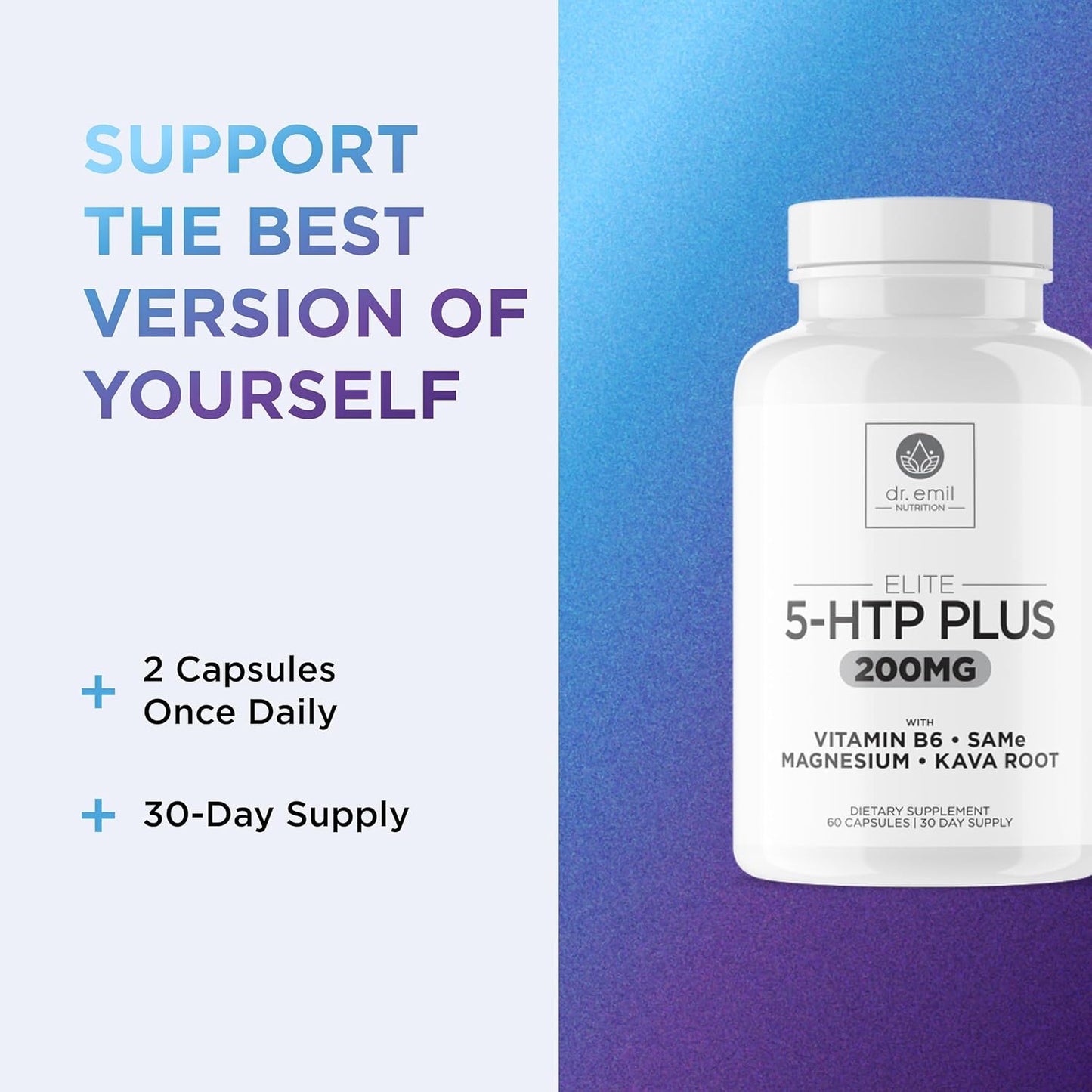 200 MG 5-HTP Elite with Kava Root Extract, Magnesium & SAM-e to Maintain Normal Healthy Sleep & Create a Sense of Wellbeing - 5HTP Supplement with Vitamin B6 - 60 Capsules, 30 Servings