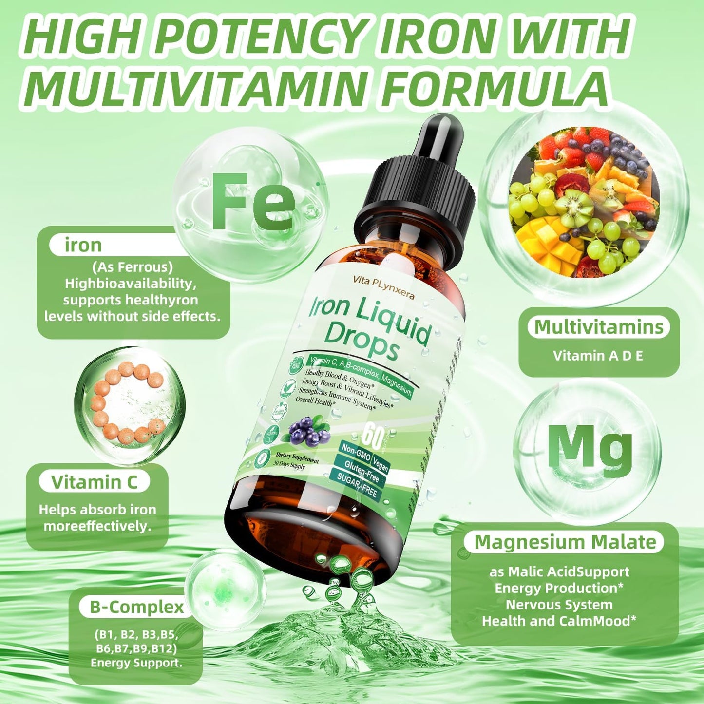 2 Pack Liquid Iron Supplement for Women Men & Kids, Vegan Iron Drops with Vitamin C D, B12, B-Complex, High Potency Liquid with Multivitamin for Anemia, Energy Support, Magnesium Iron Gentle