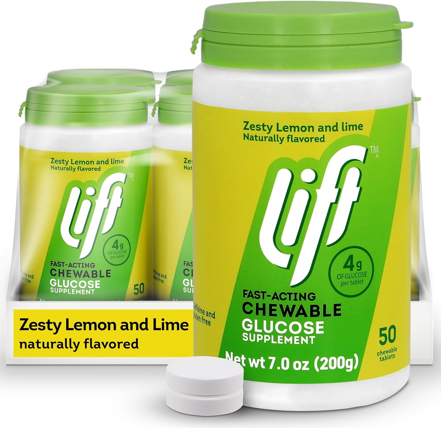 Lift Glucose Fast-Acting Glucose Chewable Energy Tablets, Lemon & Lime, 50 ct Jar (Pack of 6)