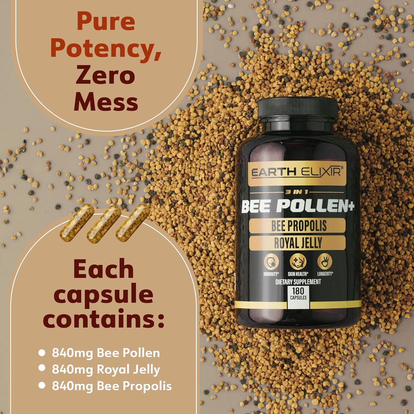 3-in-1 Organic Bee Pollen Capsule – Non-GMO, Pure Raw Bee Pollen, Royal Jelly, Propolis Extract for Women & Men – Natural Energy, Immune & Vitality Support – 180 Propolis Capsules