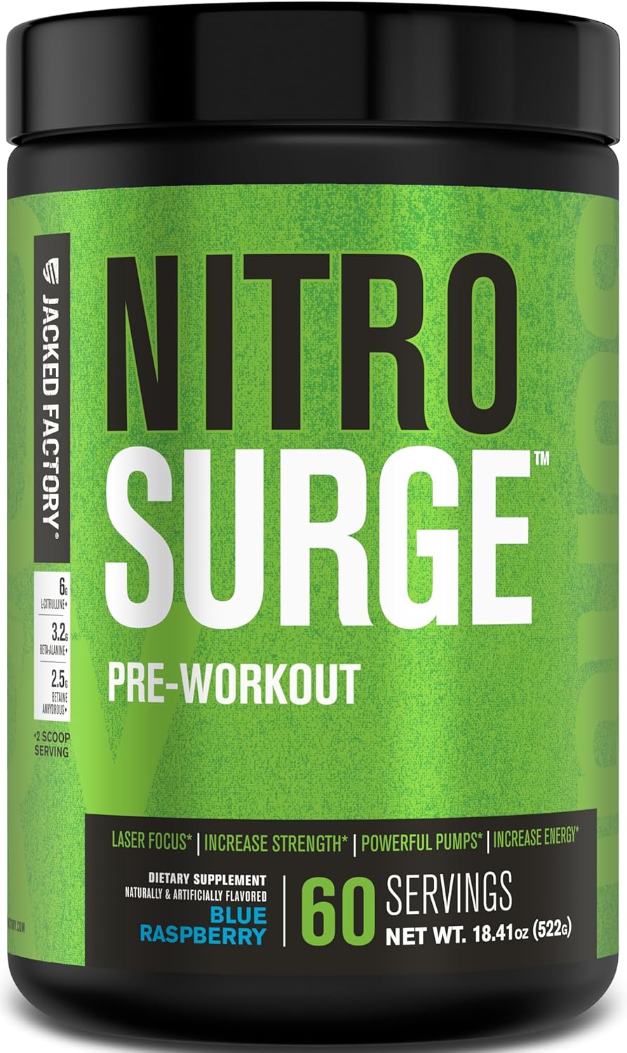 Jacked Factory NITROSURGE Pre Workout Supplement - Energy Booster, Instant Strength Gains, Clear Focus, & Intense Pumps - NO Booster & Powerful Preworkout Energy Powder - 60 Servings, Blue Raspberry