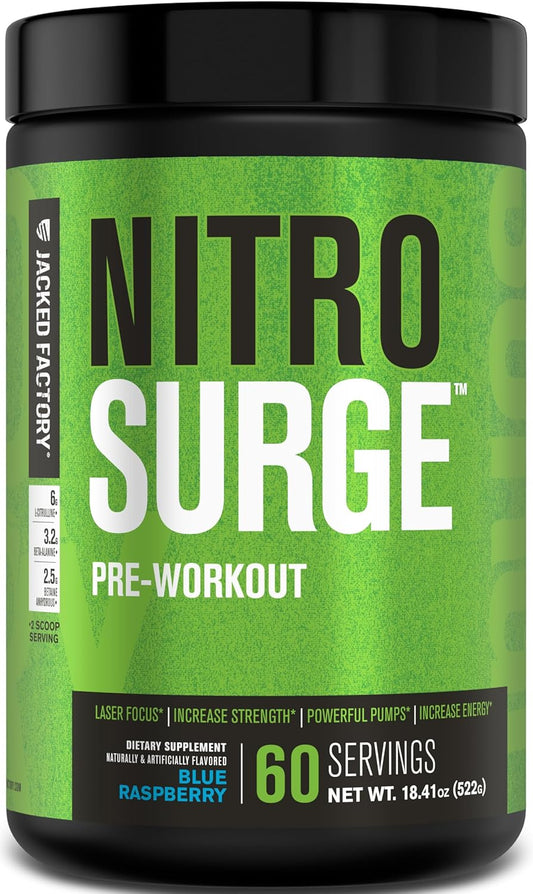 Jacked Factory NITROSURGE Pre Workout Supplement - Energy Booster, Instant Strength Gains, Clear Focus, & Intense Pumps - NO Booster & Powerful Preworkout Energy Powder - 60 Servings, Blue Raspberry