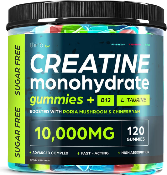 Creatine Gummies Monohydrate Complex 10,000mg for Men & Women -120 Gummies Advanced Formula W/L-Taurine + Vitamin B12 for Muscle Strength, Muscle Builder, Energy Boost, Pre-Workout Supplement -Thinbi