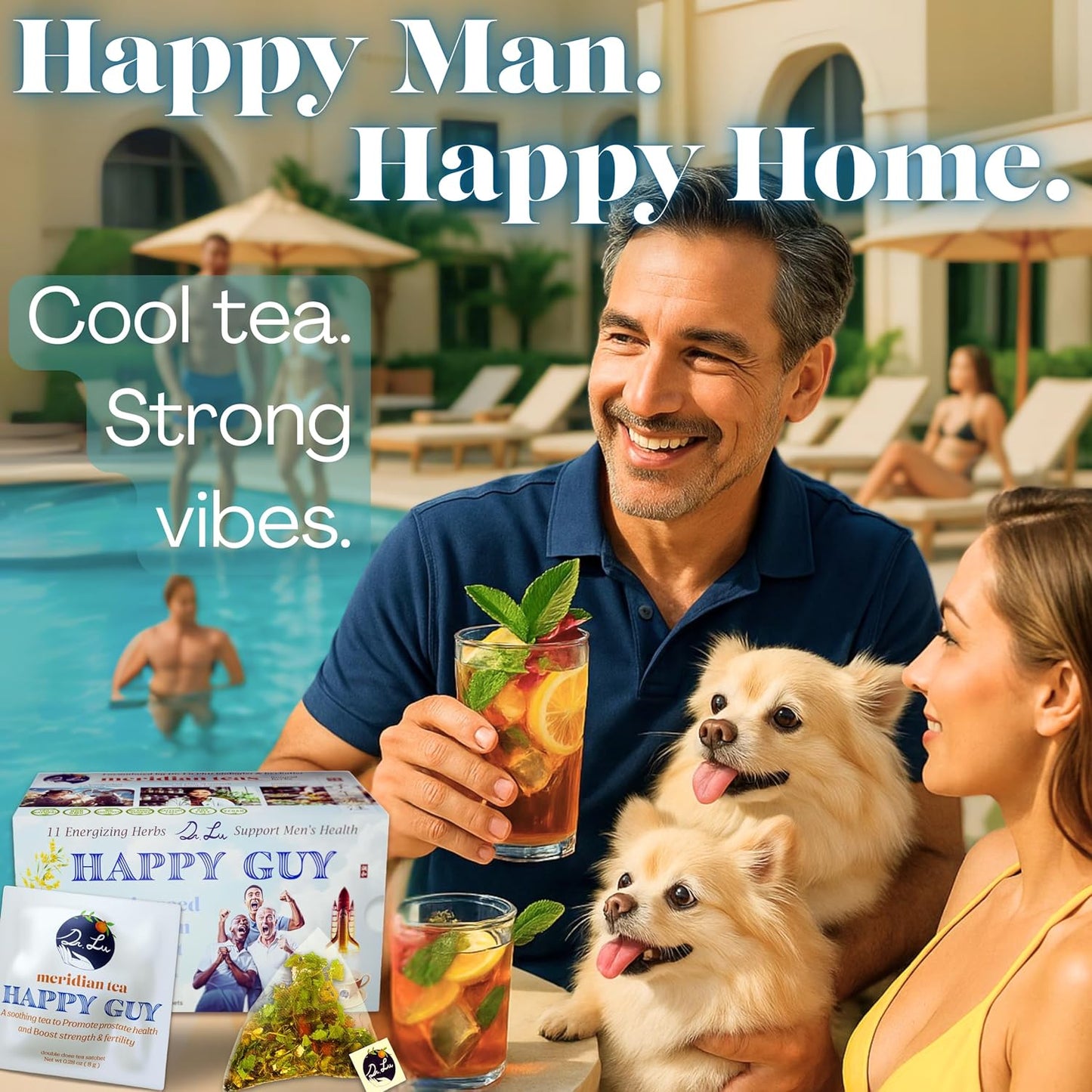 2 Pack of Dr. Lu’s Meridian Tea – Happy Guy | 100% Natural Energy Tea for Men | 11-Herb Blend with Maca, Corn Silk & Hibiscus in Corn Fiber Tea Bags Made in USA