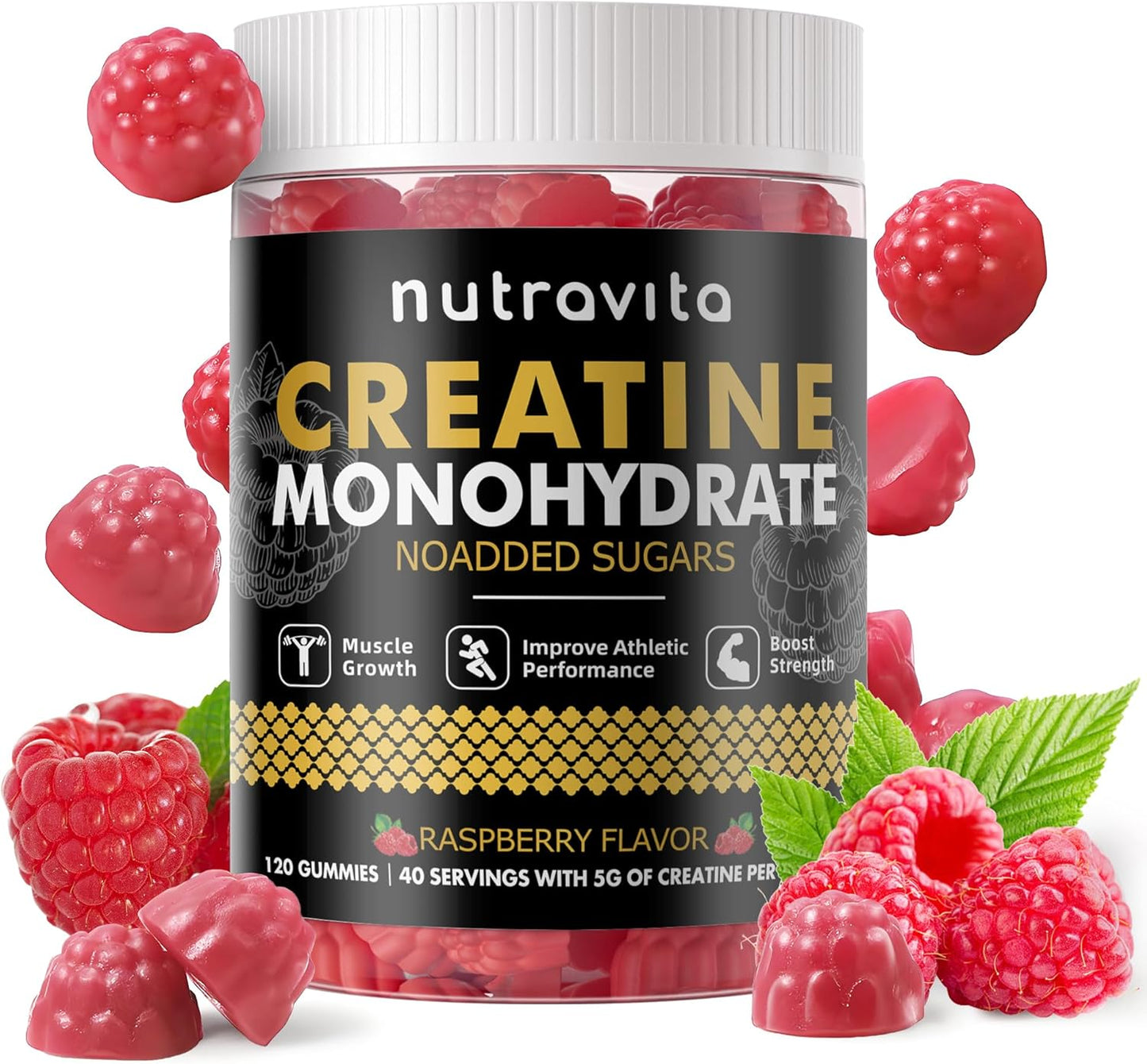 Creatine Monohydrate Gummies for Men & Women-5g of Creatine Monohydrate per Serving - Sugar Free,Vegan, Raspberry Flavor, 120 Count