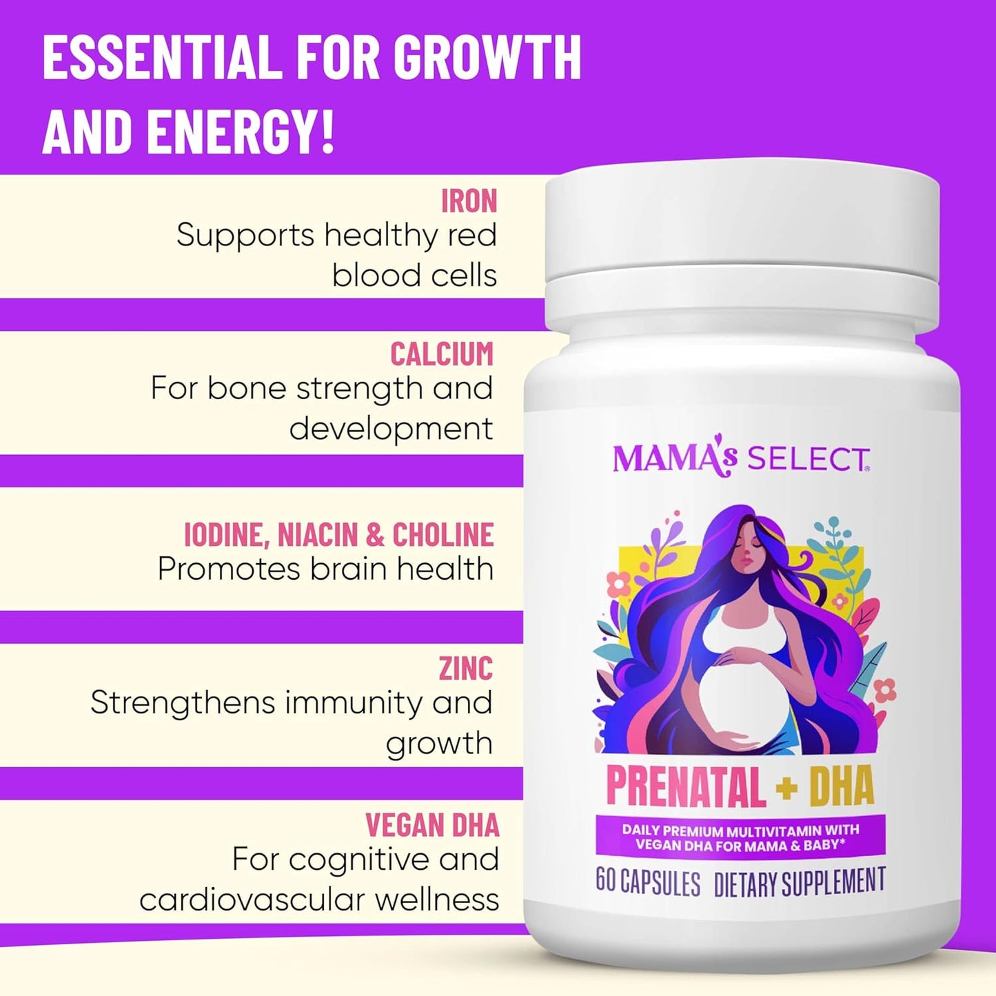 Mama's Select Prenatal Vitamins with Vegan DHA – Fish-Free, No Fish Burps, Allergen-Free, MTHFR Support, Methylated Folate & B Vitamins, Digestive-Friendly, No Biotin