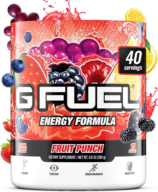 G Fuel Fruit Punch Energy Drink Powder, Pre Workout Caffeine Mix for Gaming, Sugar Free Focus Amino, Vitamin + Antioxidants, 9.9oz (Fruit Punch, 40 Servings)