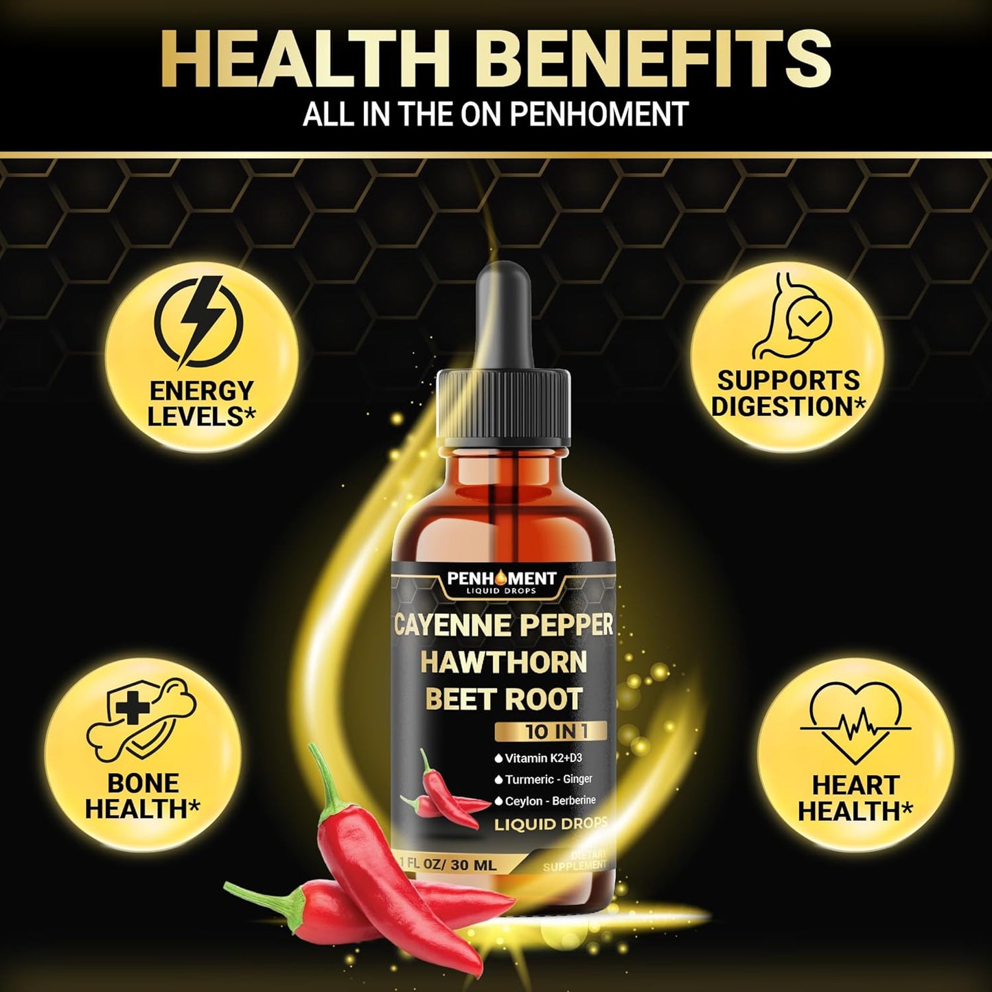 2 Packs - 2700 mg 10in1 Cayenne Pepper Liquid Drops with Hawthorn Berry, Vitamin D3 K2, Beet Root, Ginger Turmeric, Ginger, Ceylon Cinnamon, Berberine, and Ginseng - 2 Months