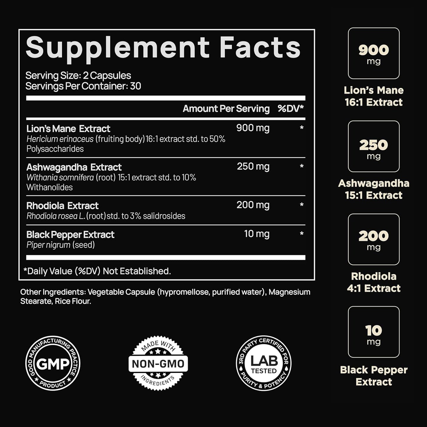 20,000mg 16x Strength Lions Mane Supplement Capsules Super Nootropic w. Ashwagandha & Rhodiola - Highest Potency Lion's Mane Mushroom Extract 50% Polysaccharides Brain Supplements for Memory and Focus