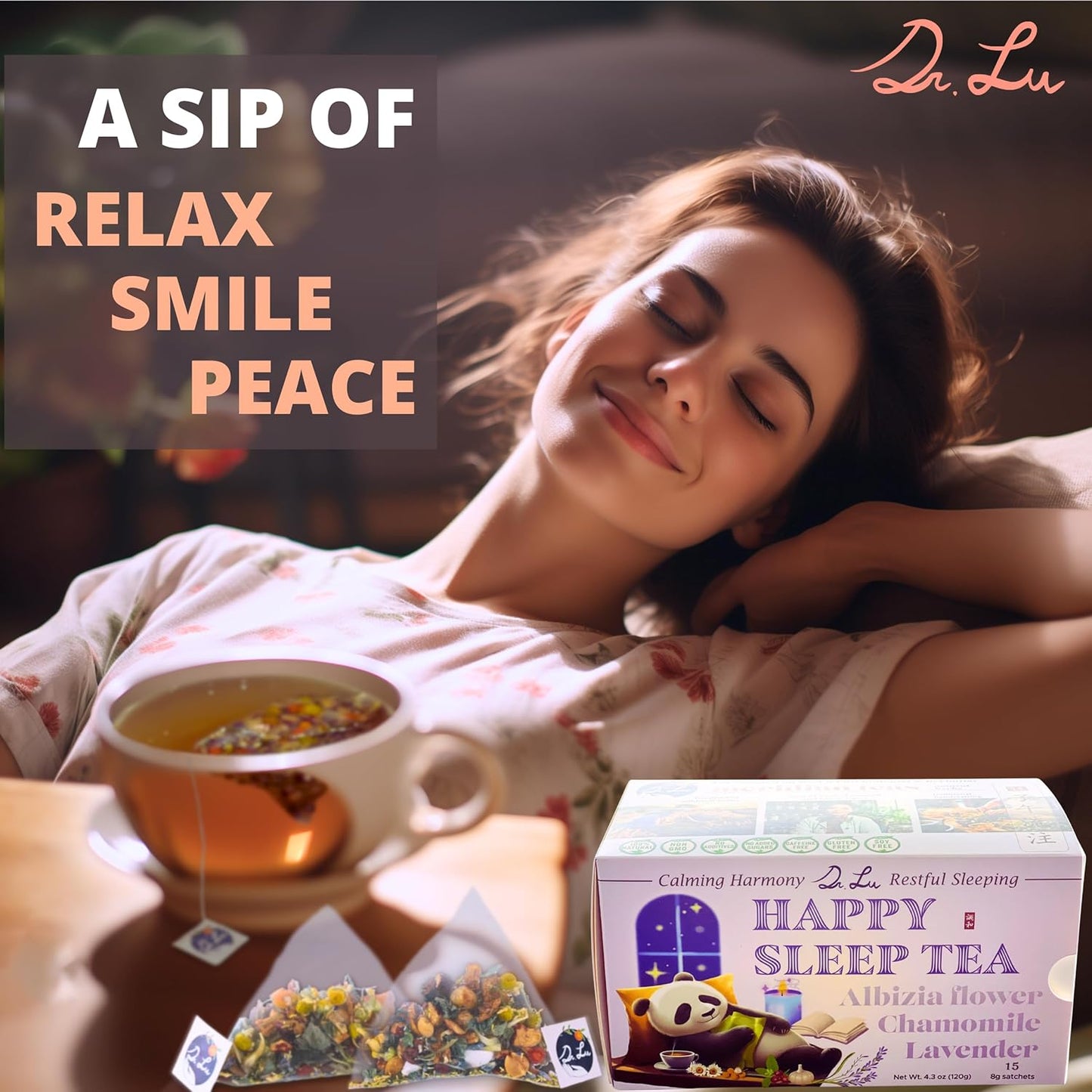 2 Pack of Dr. Lu’s Happy Sleep Tea | 100% Natural Calming Herbal Tea | Traditional Nighttime Relaxation Blend with Chamomile, Lavender, Lemon Balm & More Herbs