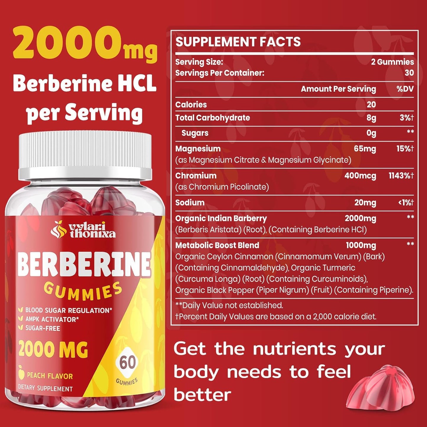 2000mg Berberine Supplement Gummies - High Potency Berberine with Ceylon Cinnamon Candy, Turmeric, Magnesium, Chromium - Sugar Free, Vegan, Non-GMO, Gluten-Free - Peach Flavor 60 Gummies - 1 Pack