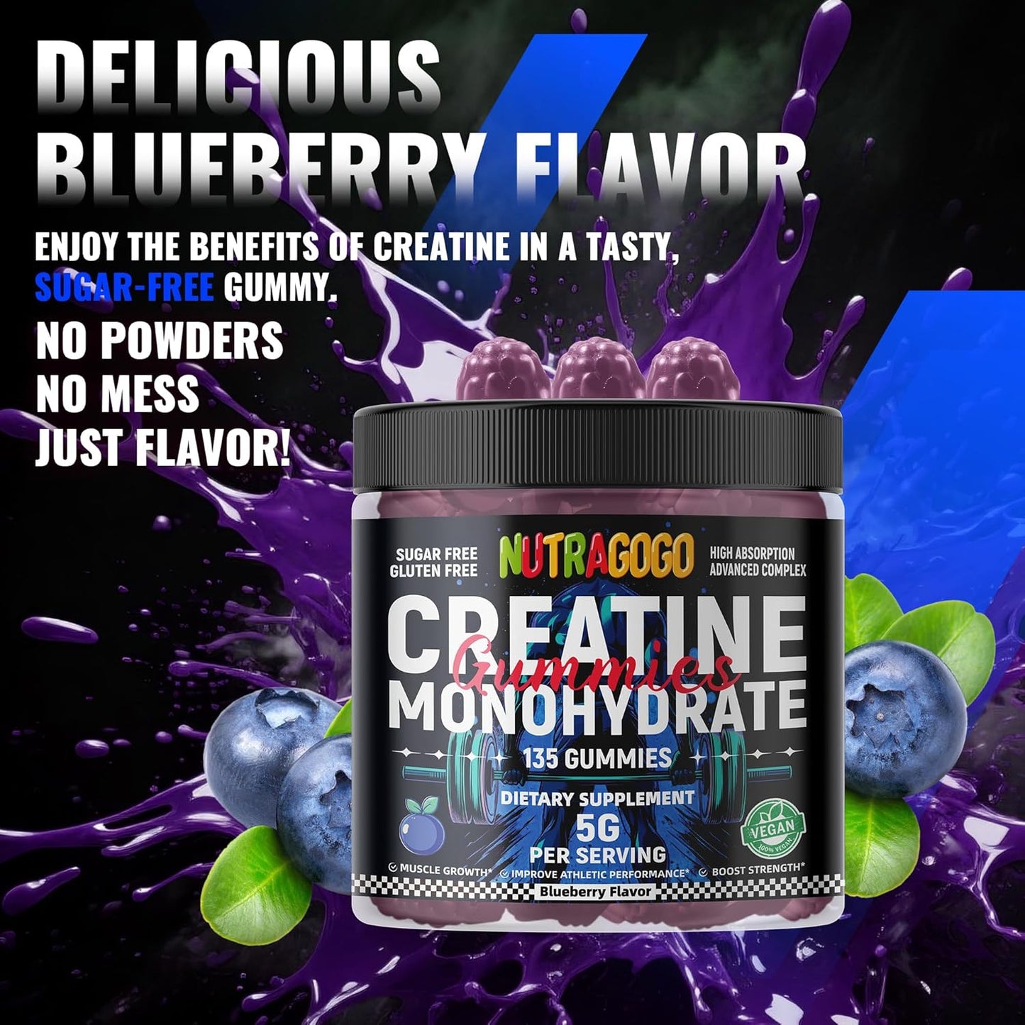 Creatine Monohydrate Gummies for Men & Women-5g of Creatine Monohydrate per Serving - Sugar Free,Vegan, Blueberry Electrolyte Chews, 135 Count