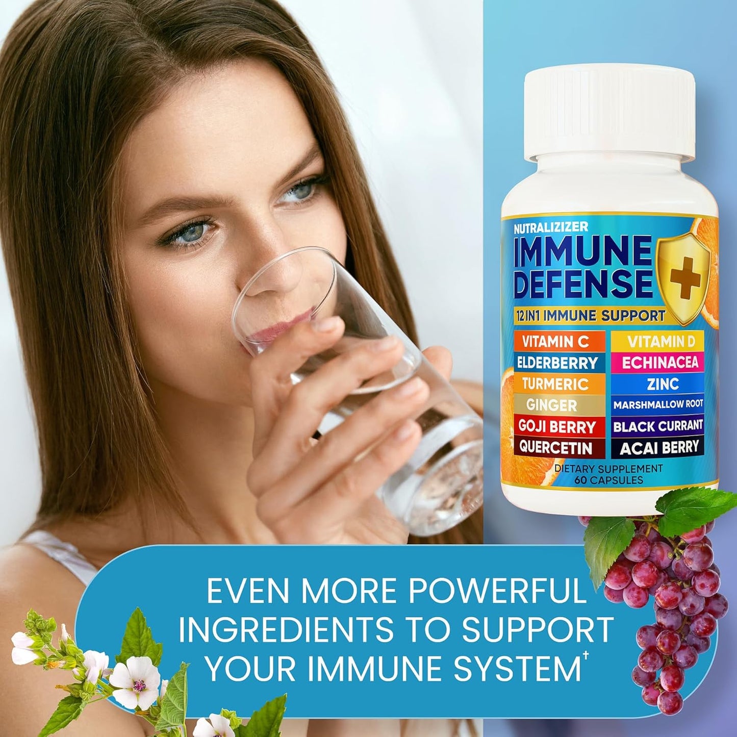 12 in 1 Immune Defense Vitamins - Immune Support Supplement w/VIT D3, Vitamin С, Zinс, Echinacea, Elderberry, Ginger &More - Natural Immunity System Booster - Immune & Muscle Health 120cs