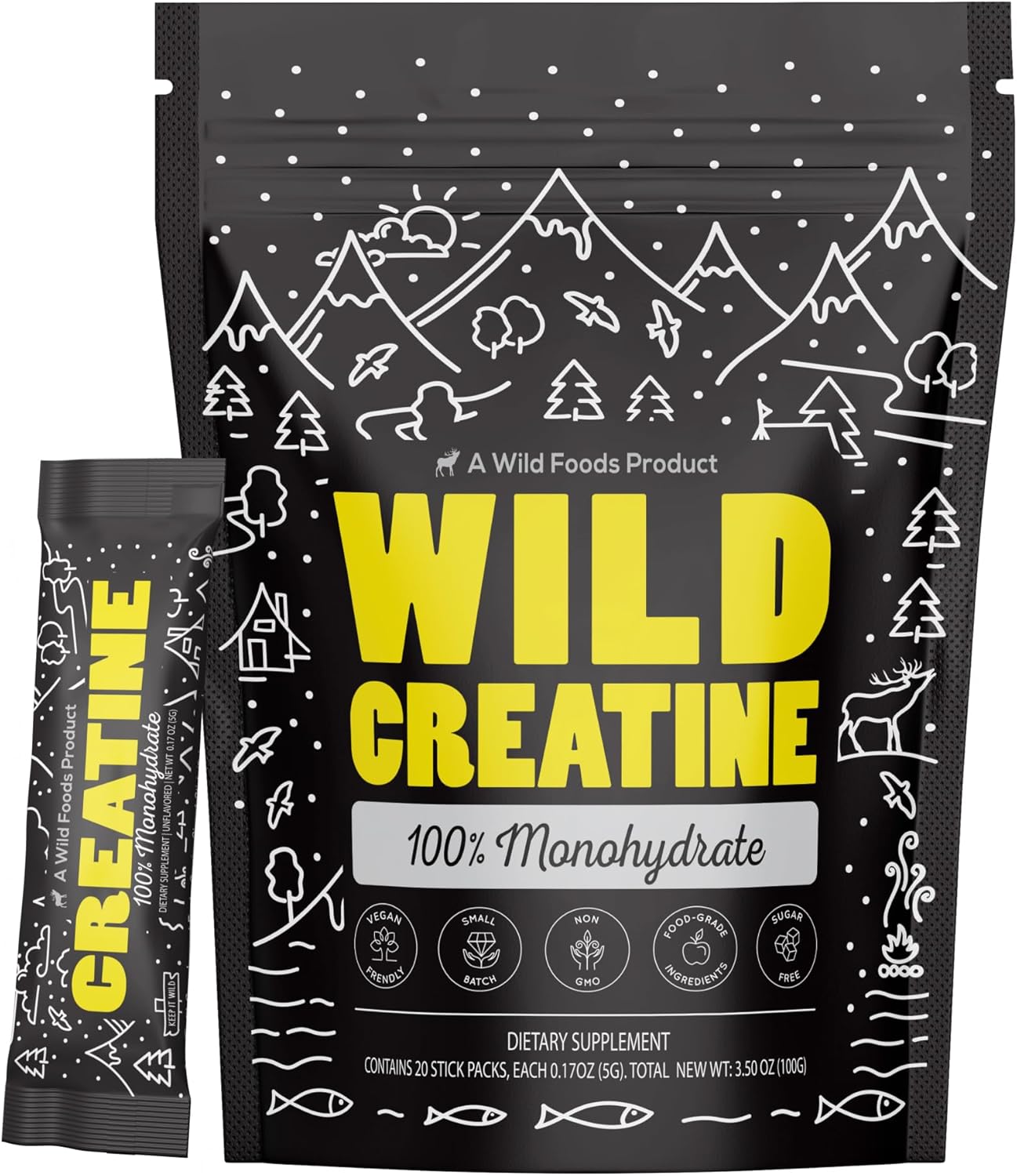 Wild Foods 100% Creatine Monohydrate Powder Packets - 20 Packets - for Brain, Muscle Performance & Strength – Pure Creatine for Men & Women, USA Made– 5g Creatina Per Serving