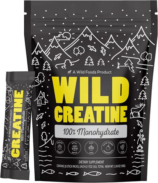 Wild Foods 100% Creatine Monohydrate Powder Packets - 20 Packets - for Brain, Muscle Performance & Strength – Pure Creatine for Men & Women, USA Made– 5g Creatina Per Serving