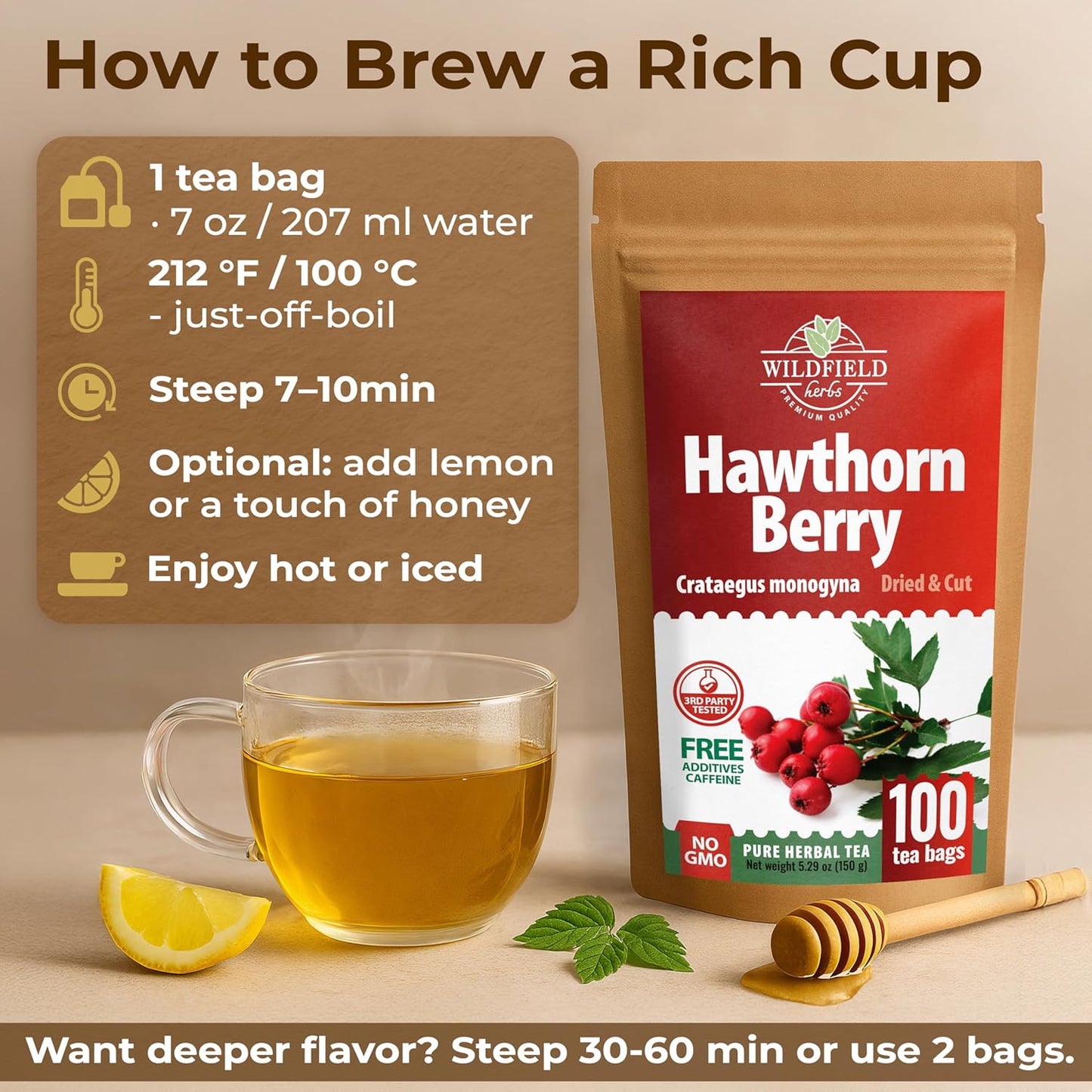 100 Bags Hawthorn Berry Herbal Tea (Crataegi fructus) – 100 Tea Bags 1.5g Hawthorn Fruit Espino Blanco