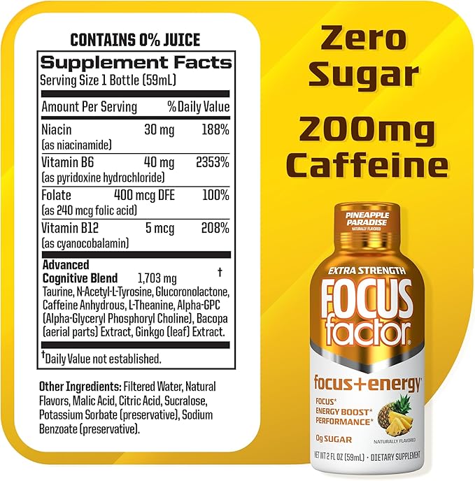 Focus Factor Extra Strength Focus + Energy Shots - 12 x 2oz Bottles (Pineapple Paradise Flavor) - Powered by Nootropics with Caffeine, L-Theanine, Ginkgo, Bacopa, L-Tyrosine, Alpha GPC